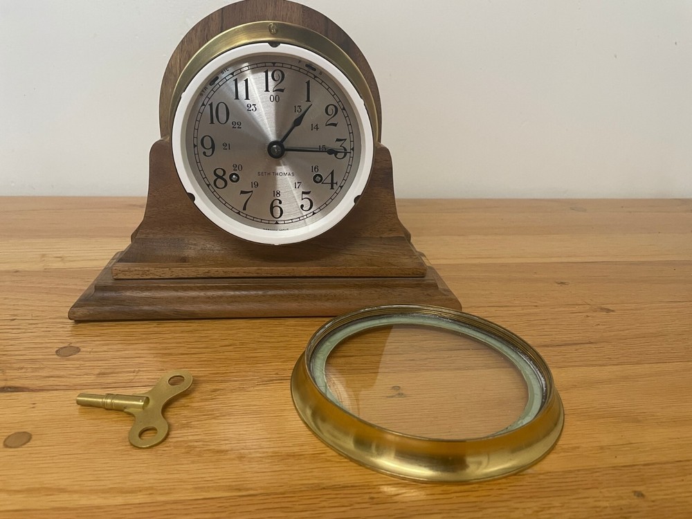 Seth Thomas Brass Ships Clock with Walnut Stand