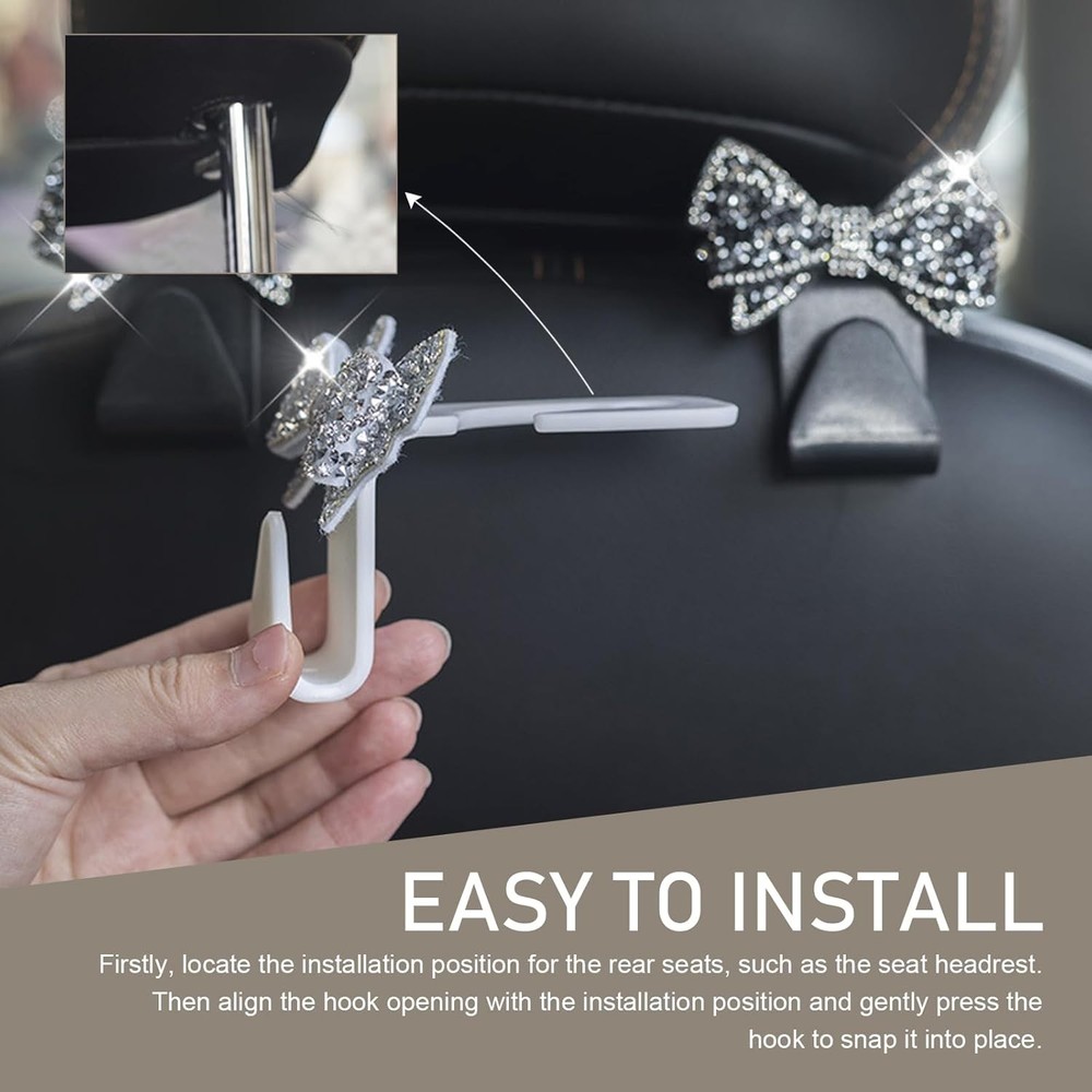 2 PCS Black Crystal Rhinestone Bow S Type Car Headrest Hooks