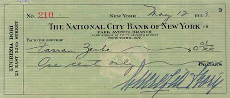LUCREZIA BORI - CHECK SIGNED 05/12/1933
