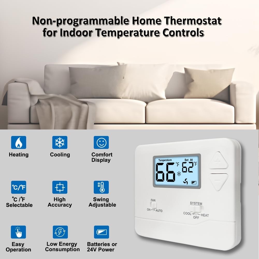 NonProgrammable Thermostat for Home, Digital Energy-Saving White