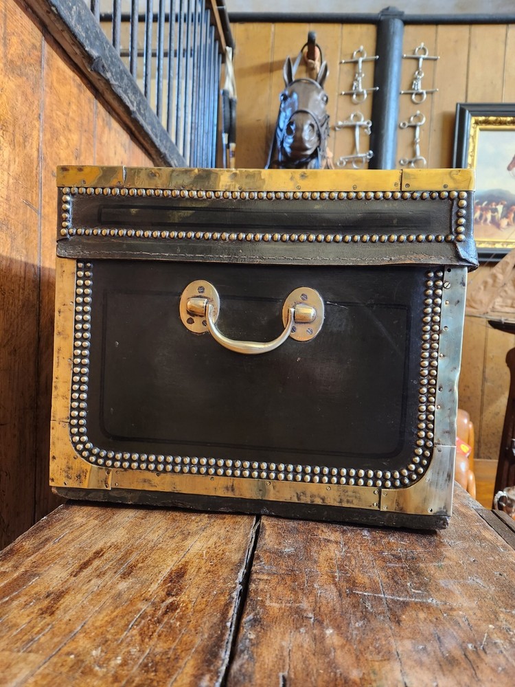 Antique Black Brass Rivetted Wooden Solid Trunk.