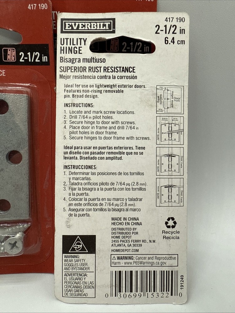 4 Pack - 417 190- 2 1/2 Inch 6.4cm - Galvanized Utility Hinge Rust Resistant