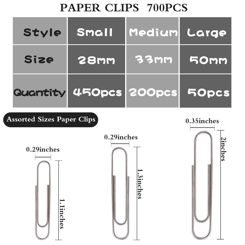 700pcs Paper Clips Assorted Sizes Large (700PCS) Large, Silver