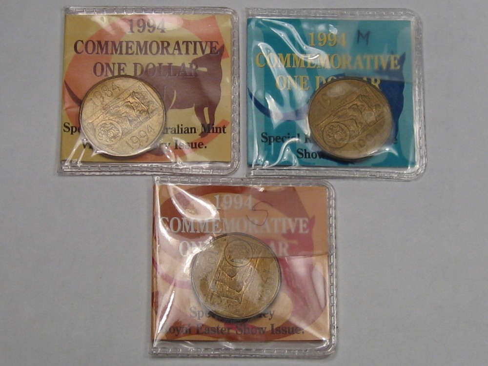 3 Australia 1994 $1 Commem Dollars: Melbourne, Sydney Mint Marks M, S, C.  #18