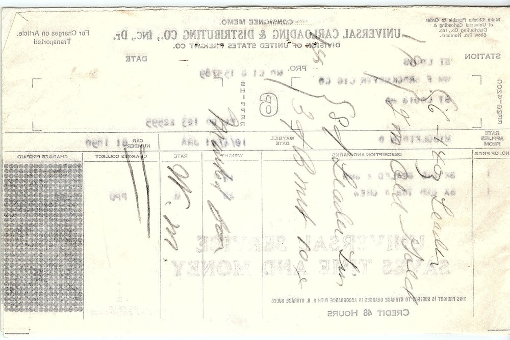1941 UNIVERSAL CARLOADING & DISTRIBUTING CO FREIGHT INVOICE BILLHEAD Z6423