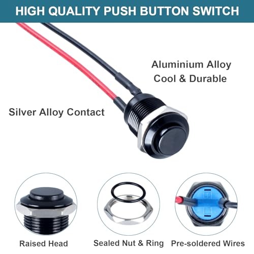 5pcs 12mm Push Button Switch Raised Head ON-Off Normally Open Latching Black