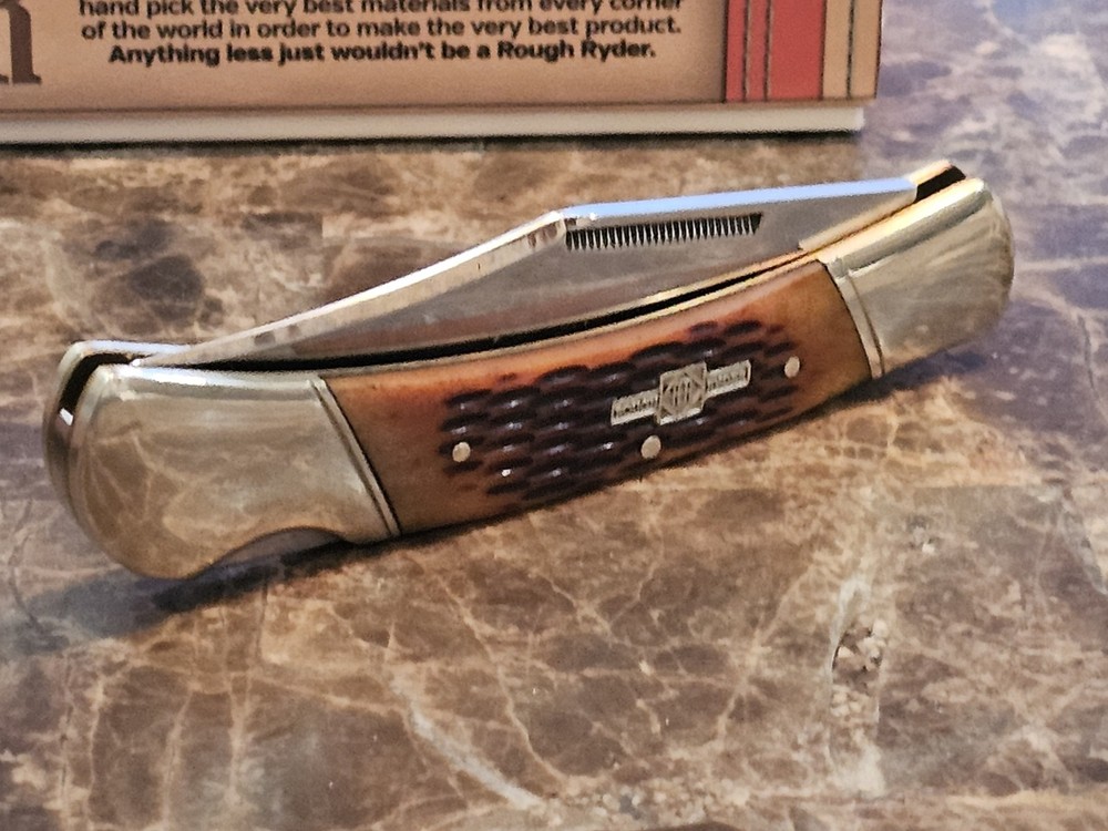Rough Rider RR066 Stag Bone Handle Folding Knive T" Blade Custom Leather Sheath