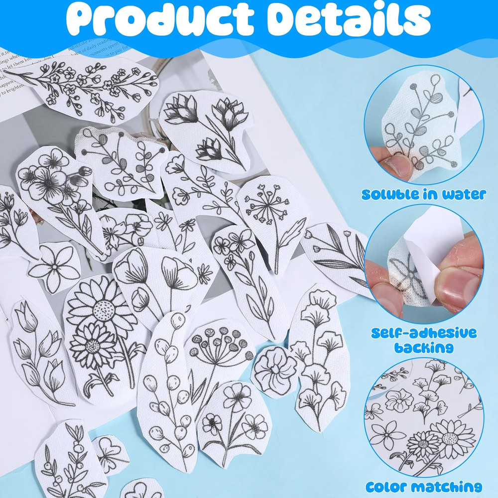 53 Pcs Stick & Stitch Embroidery Patterns �?? Water-soluble Flower Designs Set