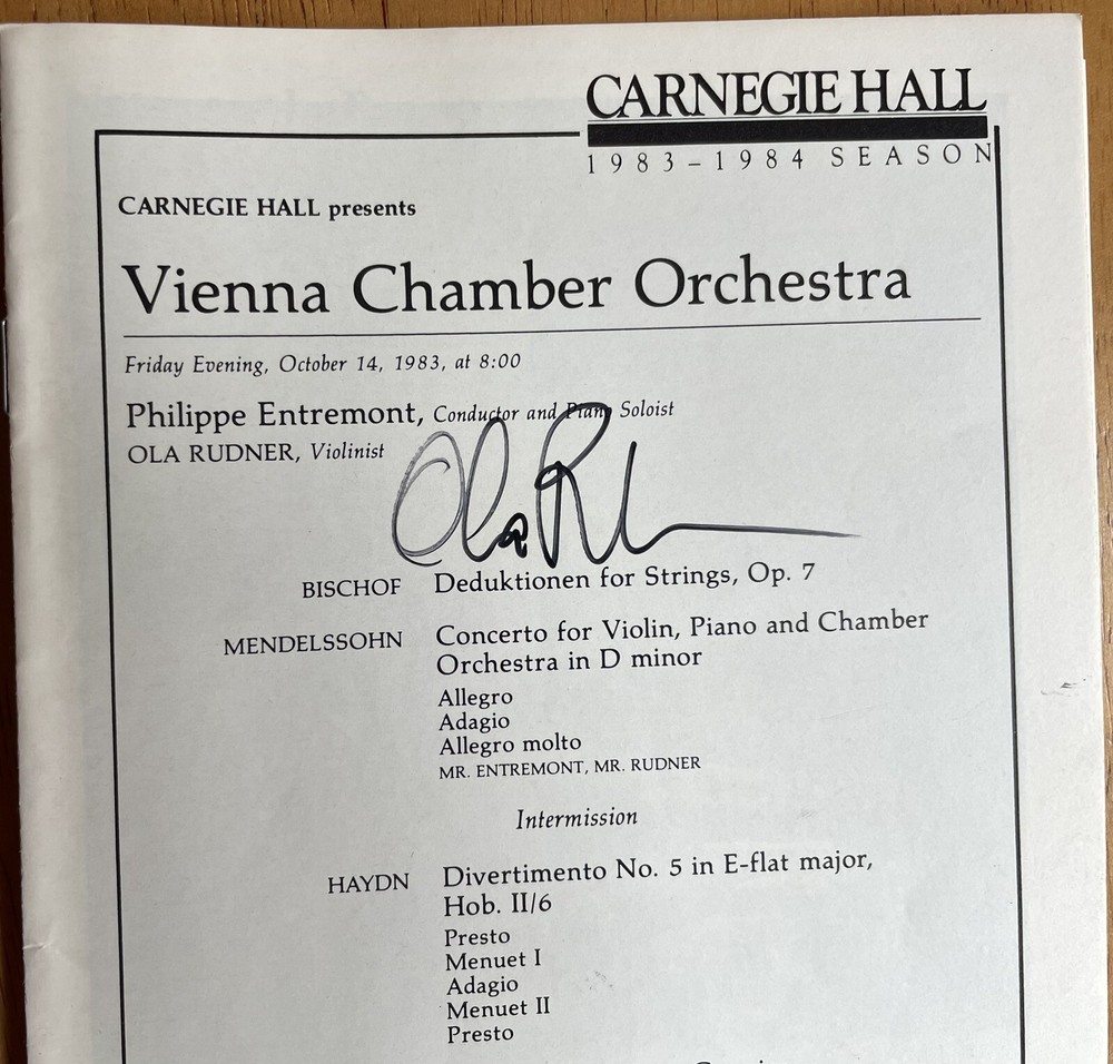 Violinist Ola Rudner Autographed Program