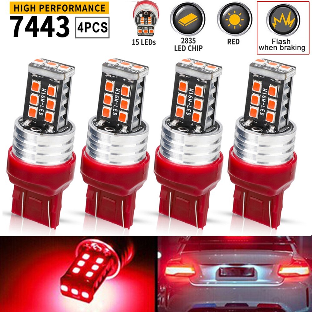 4PCS 7443 7440 LED Red Strobe Flash Blinking Brake Stop Tail Parking Light Bulbs