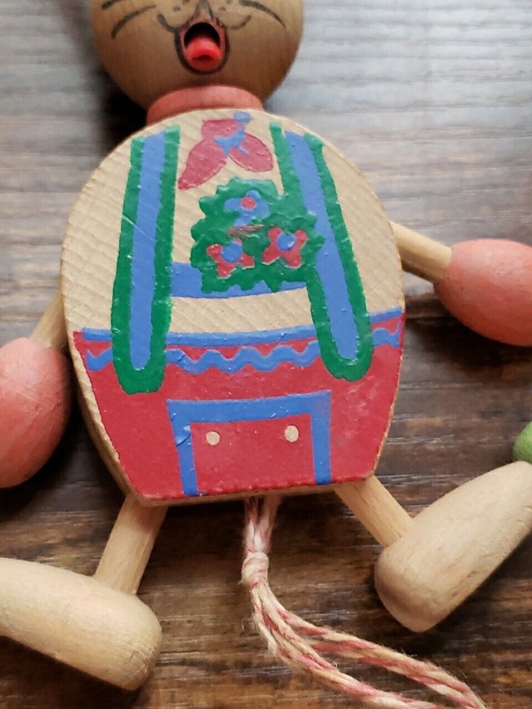 Vintage Jumping Jack Toy Wooden Bunny Rabbit Easter Pull String Austria Painted