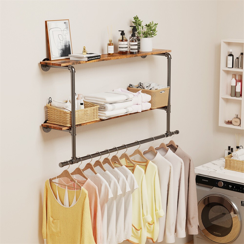 Industrial Pipe Clothes Rack Garment Bar Closet Storage Wall Mounted Heavy Duty