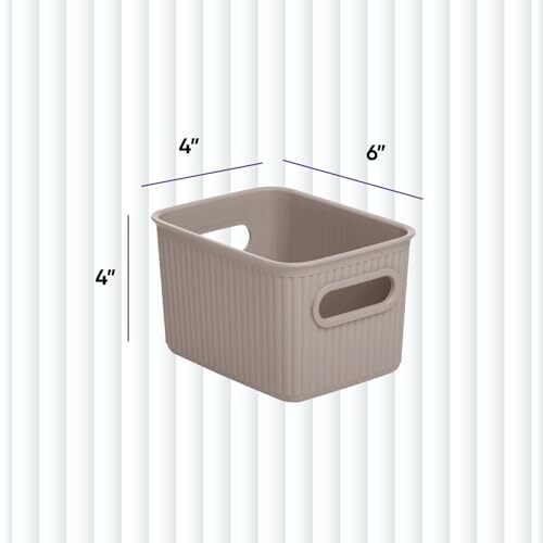 Superio 1.5 L Mini Ribbed Storage Bin- Plastic Storage Basket (Taupe, 4 Pack)