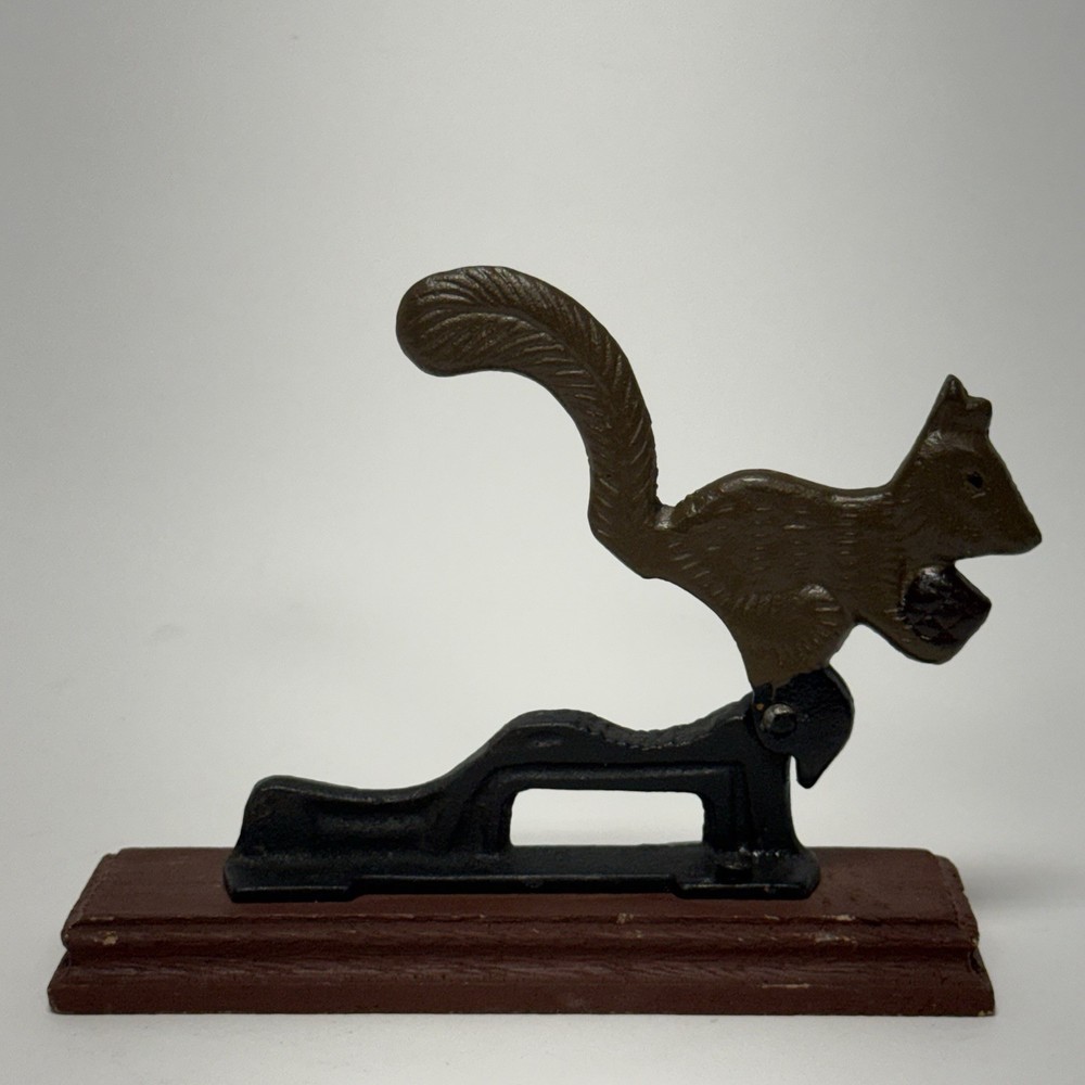 Cast Iron Squirrel Nutcracker on Wood Base Vintage Rustic Cabin Decor