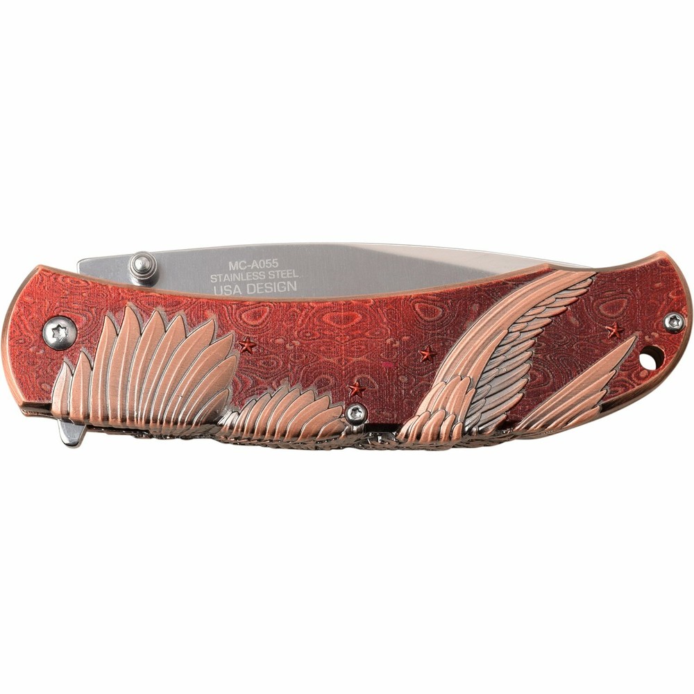 Spring-Assist Folding Knife 3.75" Mirror Blade American Bald Eagle Red Copper