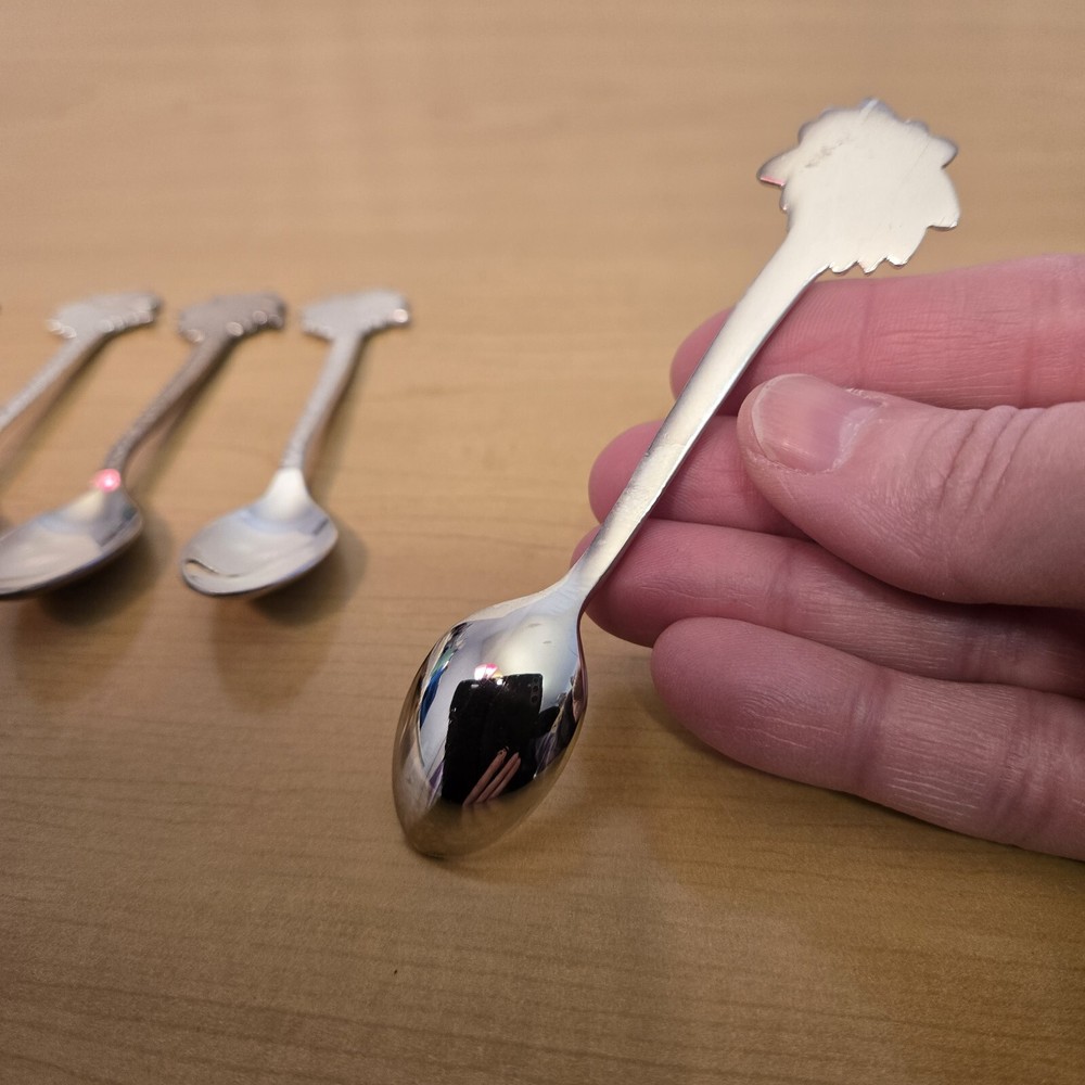 6 Mini Spoons Palm Tree Design Silver Tone Unmarked Baby Size Etched