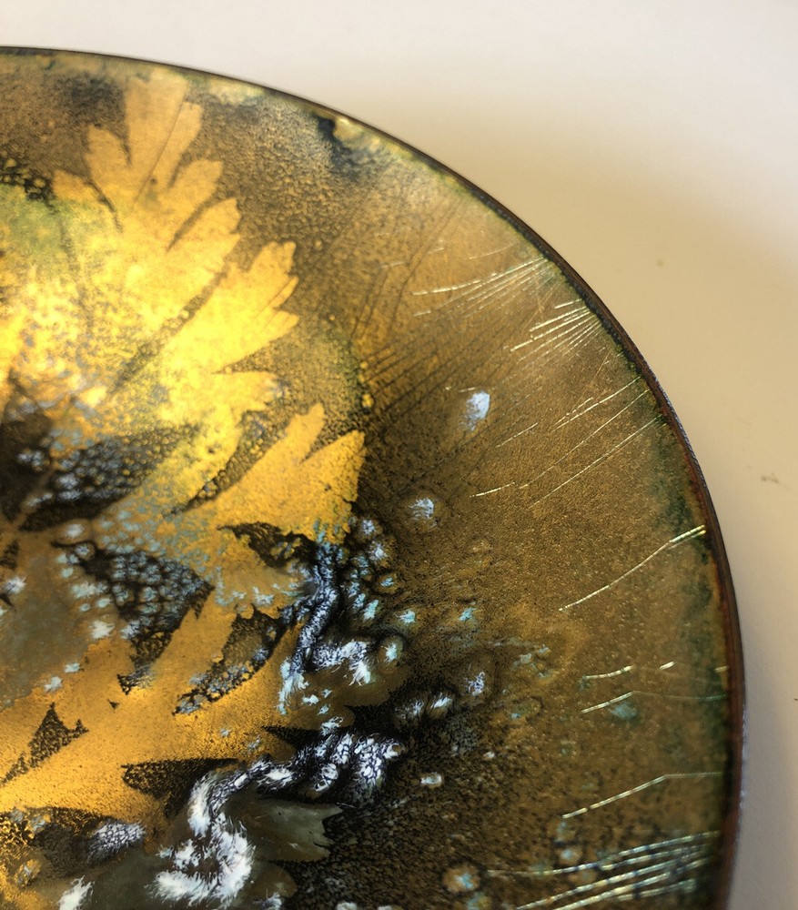 Mid Century Modern Enamel Dish Bowl Signed 7” Oak Leaf