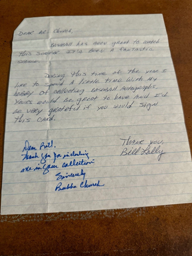 Bubba Church Autographed Signed Baseball Letter with Note Cincinnati Reds