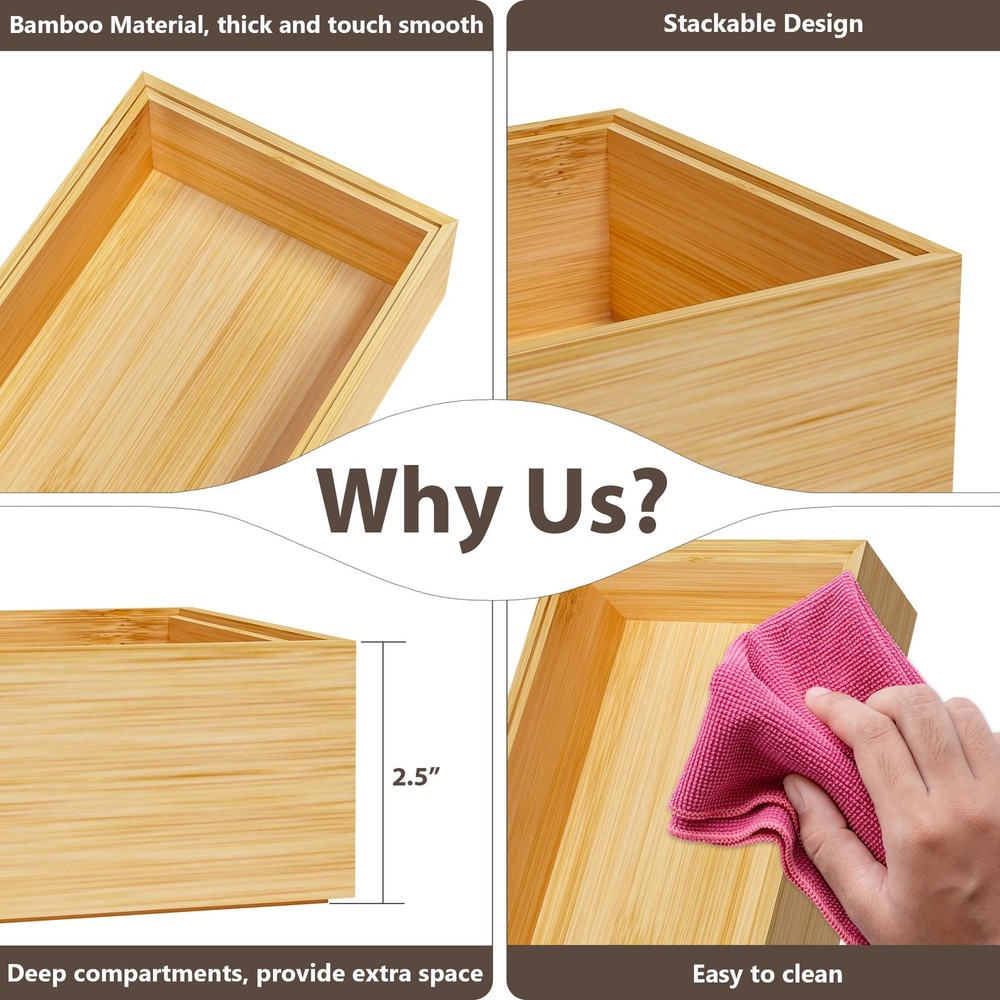 Greatseas Kitchen Drawer Organizer Bins, Stackable 15 x 6 x 2.5 Inch, Bamboo