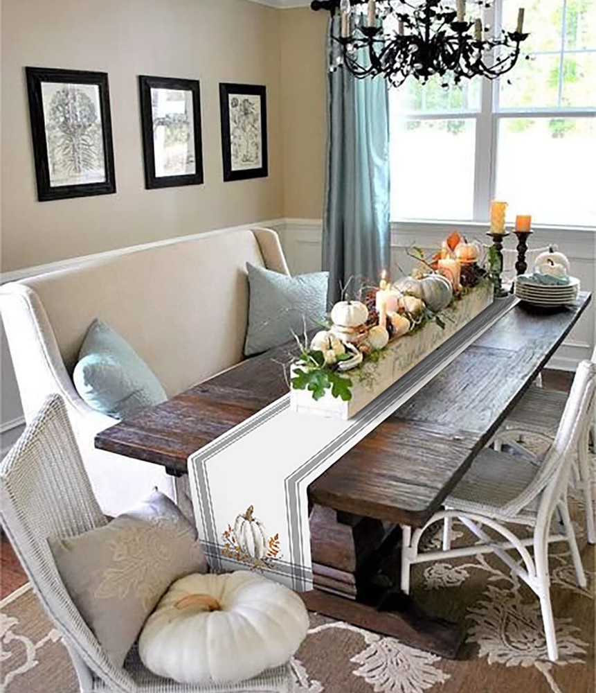 Fall Table Runners 108 Inch Thanksgiving Decorations White Pumpkin Leaf Branc...