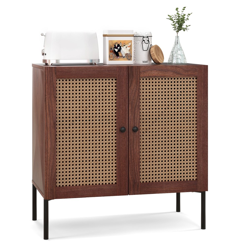 Rattan Buffet Sideboard Wine Cabinet Cupboard w/ Adjustable Shelf Walnut