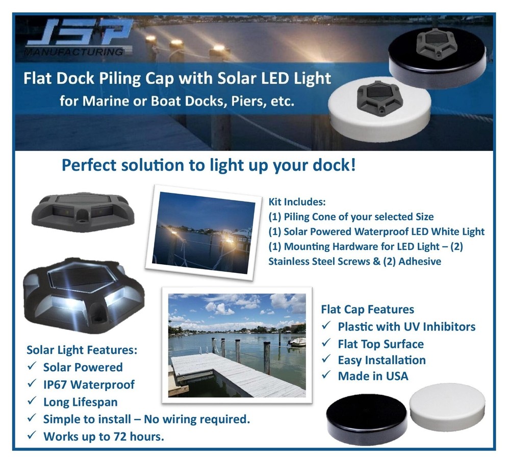 White Flat Dock Piling Cap with Outdoor Solar Powered Waterproof LED White Light