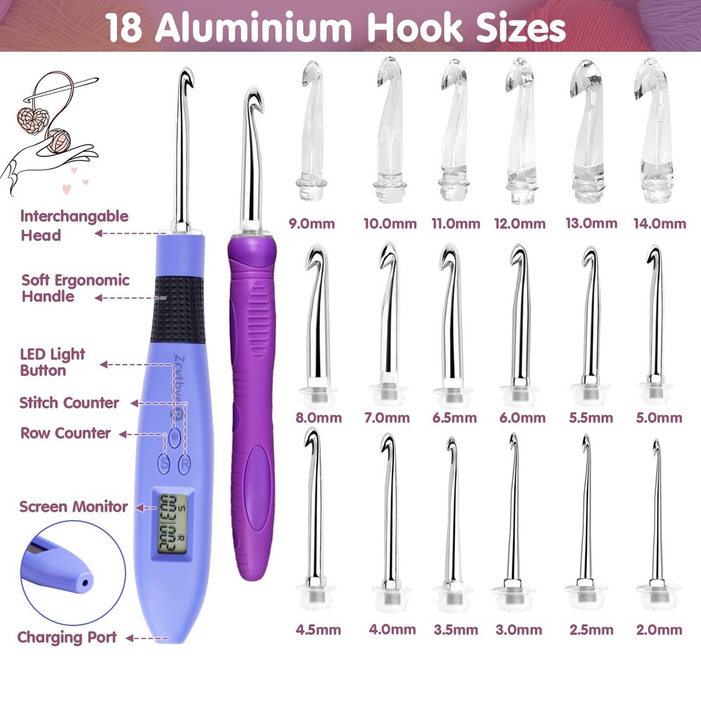 Crochet Hook for Stitch & Row Counter Light Up Interchangeable Needle18 Size