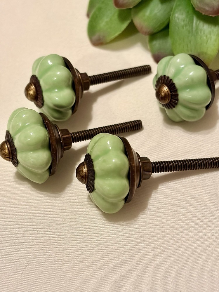 4 Light Green Ceramic Melon Knobs Antique Vintage Green Drawer Pulls
