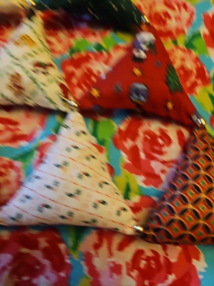 Handmade Quilted Christmas Tree Fabric Triangles & Beads Wall Hanging 17"
