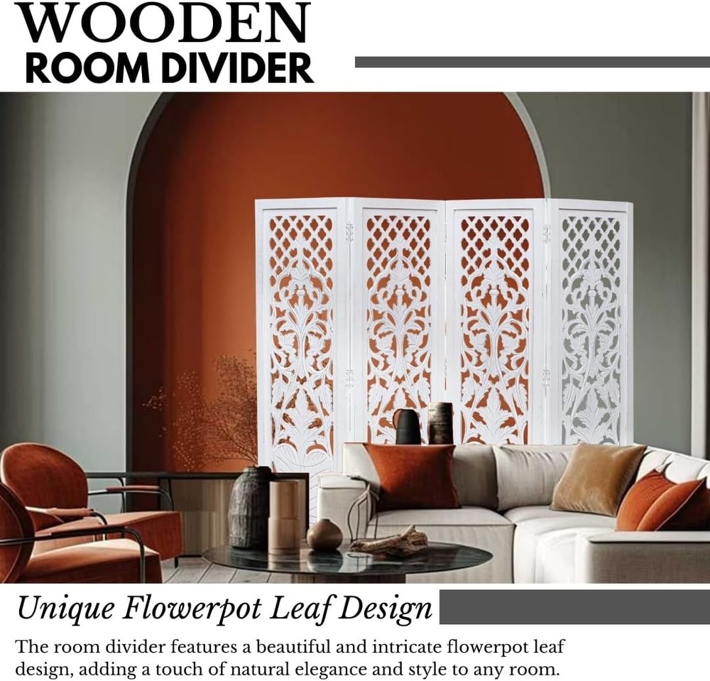 Room Divider Wood Screen Panel – White 4-Panel Folding 64"x54" Hand-Carved