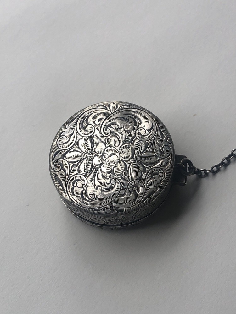Antique Foliate Engraved Sterling Chatelaine Mirrored Pill Box, Init. SWS c.1880