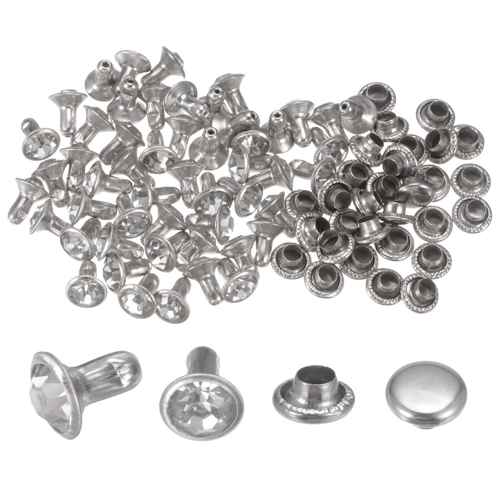 50pcs Crystal Rivets 6mm Rhinestone Rivets Rapid Stud Rivets, Silver