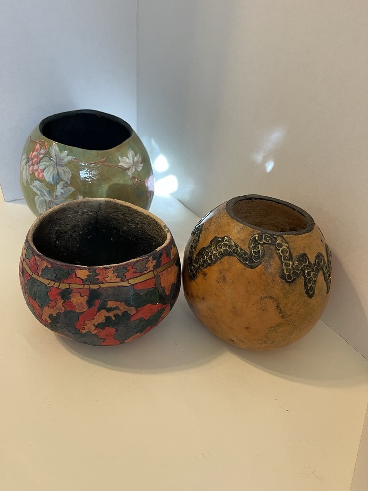 3 Hand Painted Decorative Planter Gourds