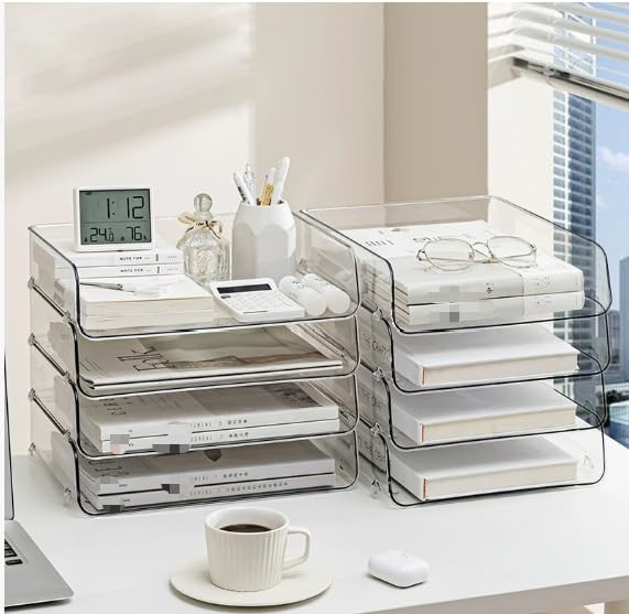 4-Tier Transparent Desktop Organizer with Stackable A4 Document Trays,Ideal f...