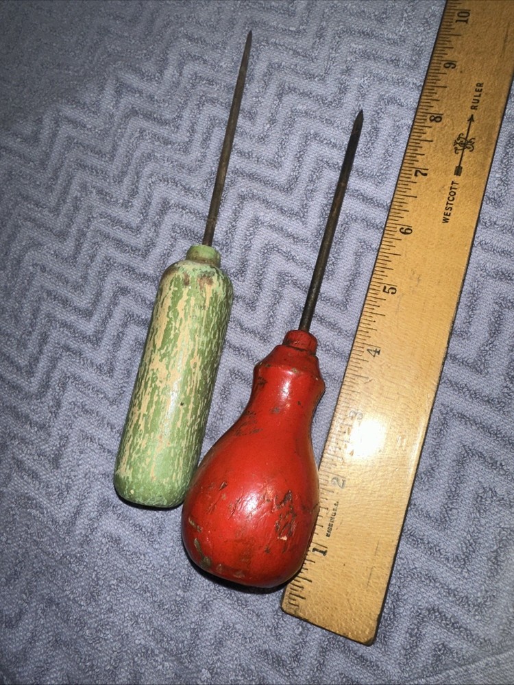 2 Antique Scratch AWL Wood Handle Leather Work Tools