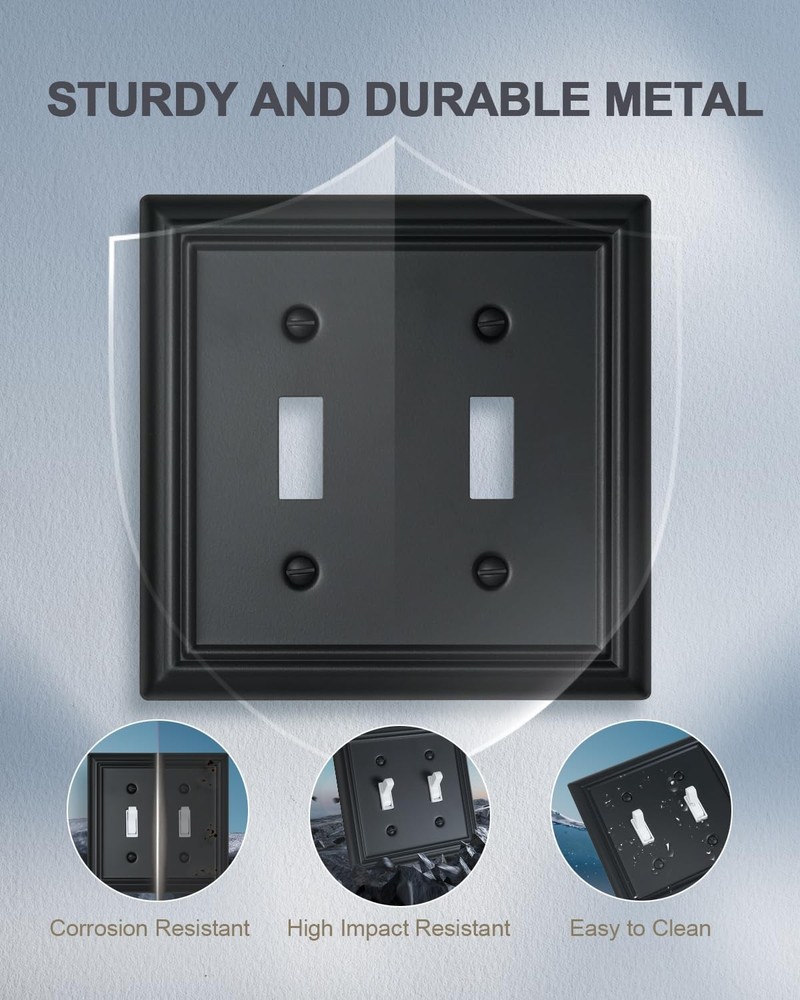 2-Pack Double Toggle Wall Plates, Durable Metal Light Switch Covers, Decorati...