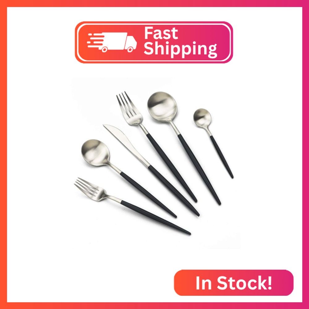 JASHII 18/10 Black Handle Flatware Silver Silverware Set 304 Stainless Steel Fla