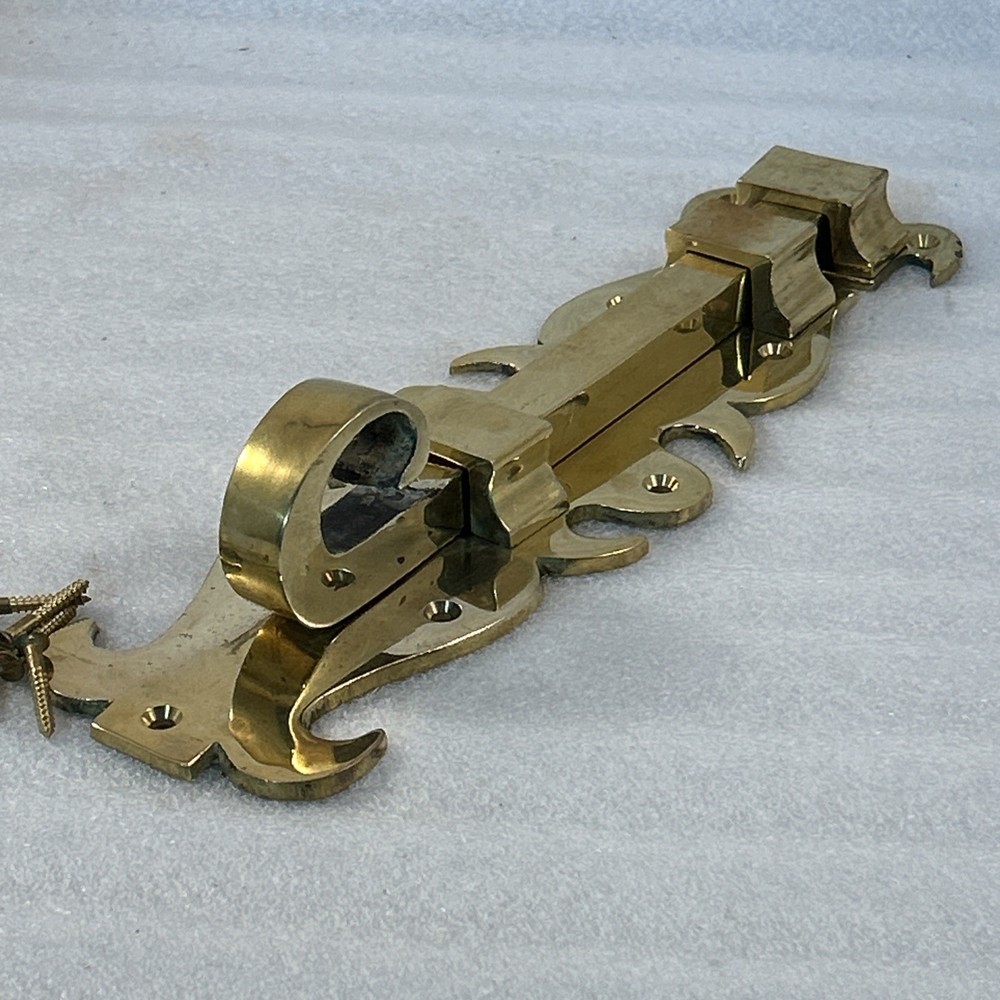 Vintage Ornate Solid Brass Surface Bolt Door Latch Fleur-de-Lis Slide Lock 10.5”