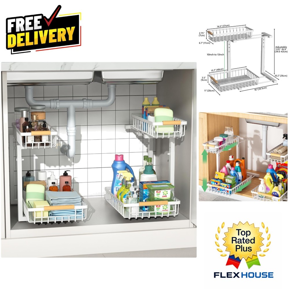 Durable Metal Under Sink Organizers with Sliding Drawer - 2 Pack, White