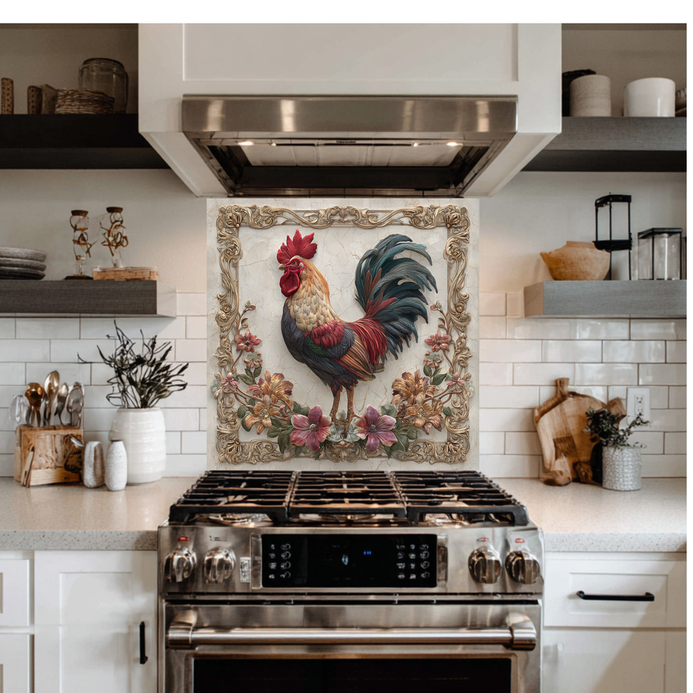 Rustic Colorful Rooster Glass Backsplash • Farmhouse Kitchen Panel