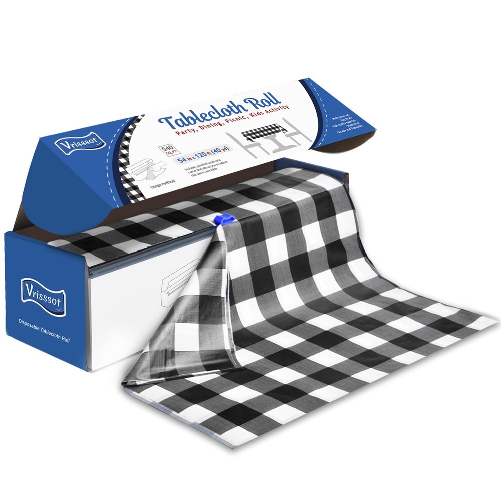 Vrisssot Plastic Table Cover 1440" x 54" (Rectangular), Black Checkered