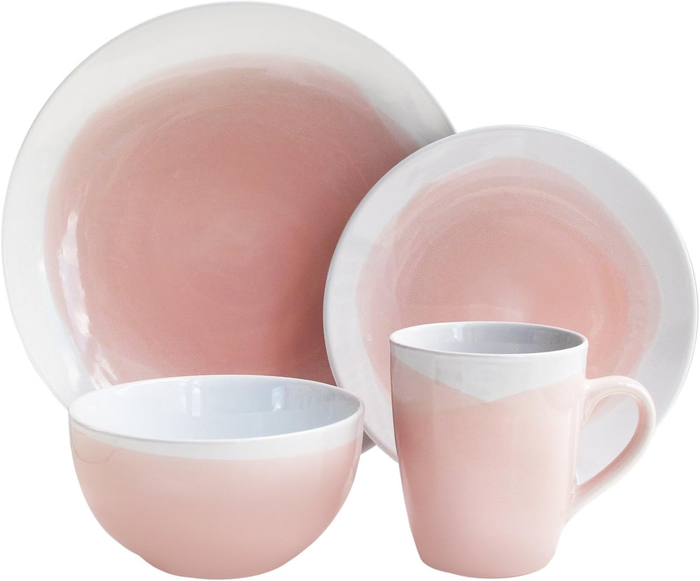 Oasis Pink & White Round Dinnerware Set, 16 Pieces, 10.5" Plates