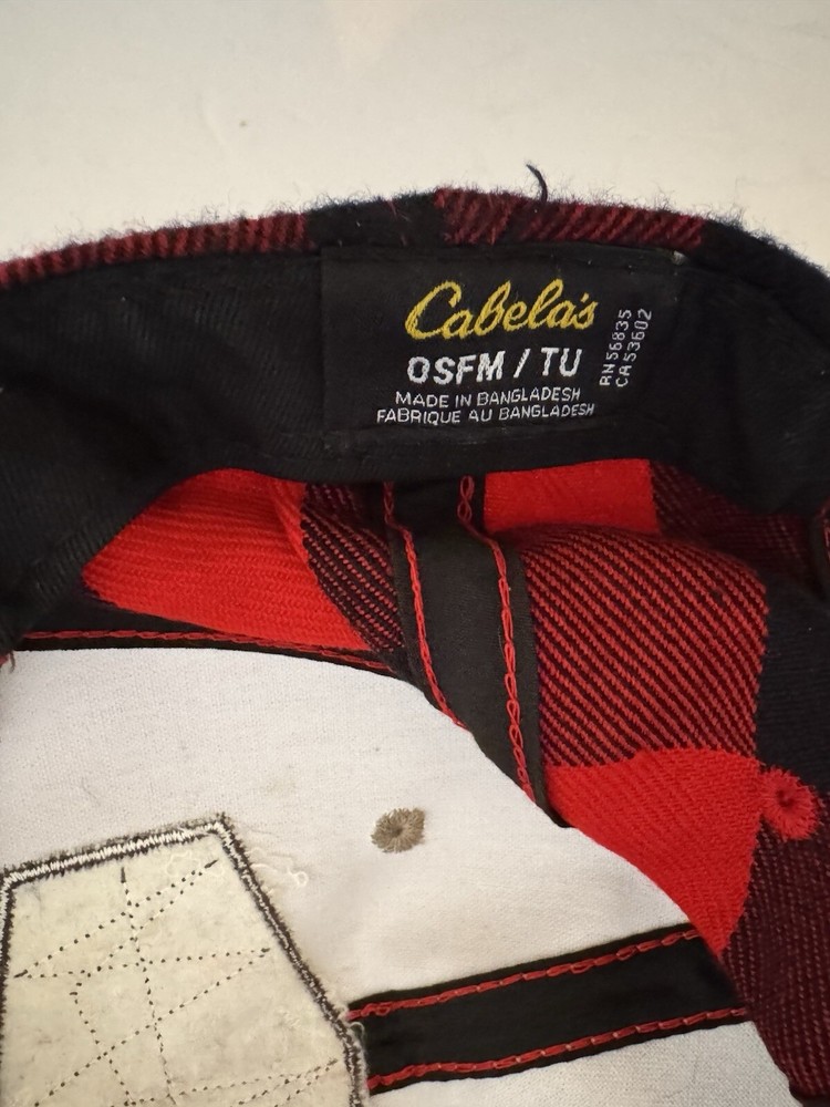 Cabelas Cap Buffalo Plaid Hat Tan Patch Red Black Flannel SnapBack 6 Panel Crown