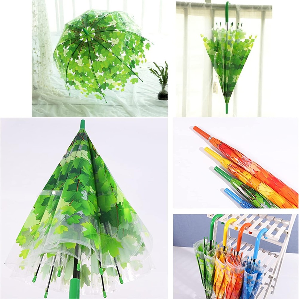 ThreeH Clear Dome Bubble Umbrella with Leaves Automatic Switch Long Handle Strai