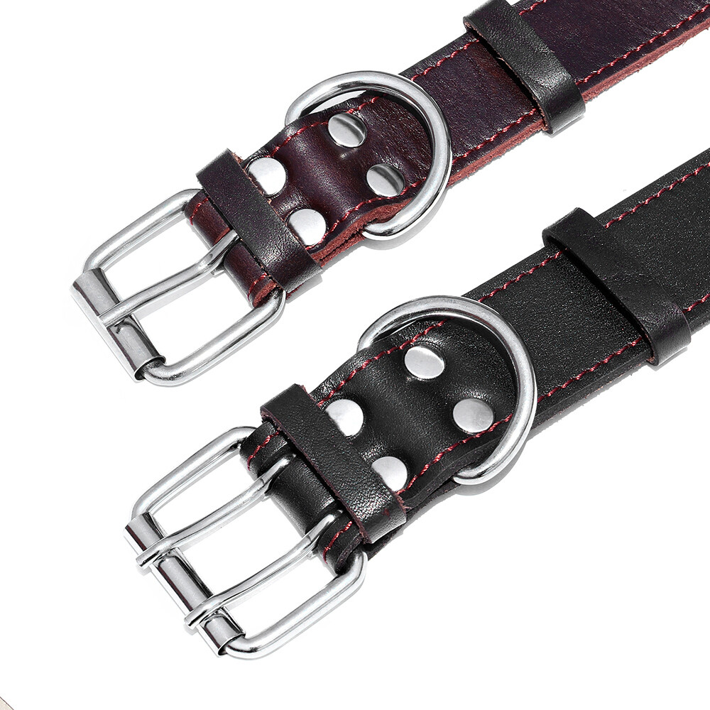 Wide Heavy Duty Dog Collar Genuine Real Leather Medium Large Double with Handle