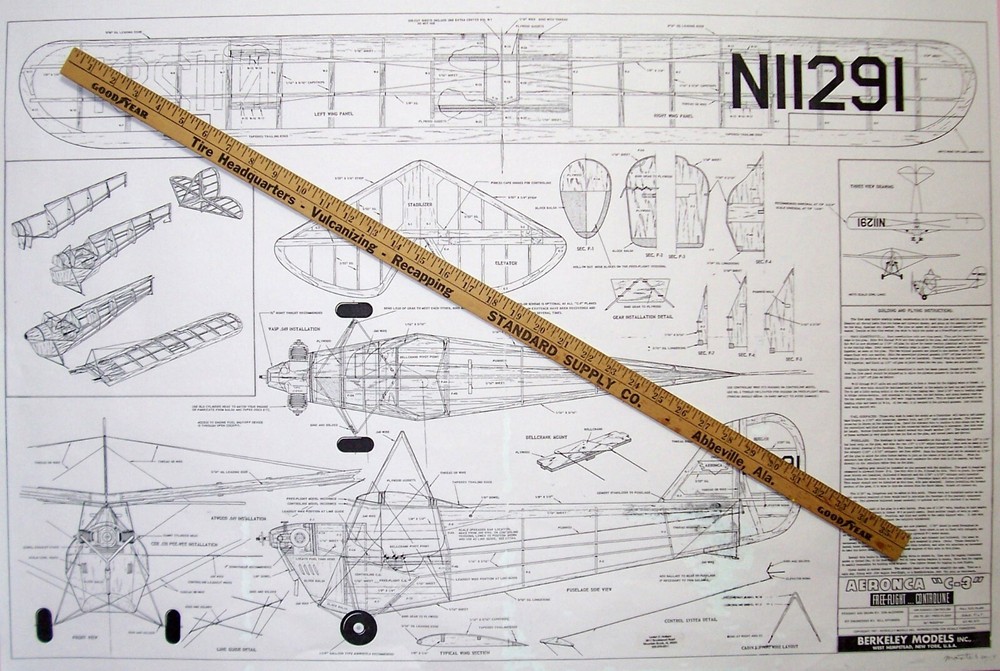 AERONCA C-3 PLAN + PARTS PATTERNS for 36" Berkeley FF or RC Model Airplane