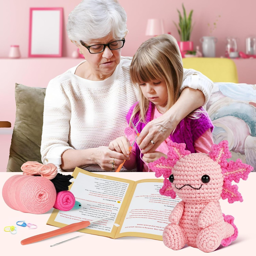 Beginner Crochet Kit – Axolotl Crochet Animal Set + Video Tutorials