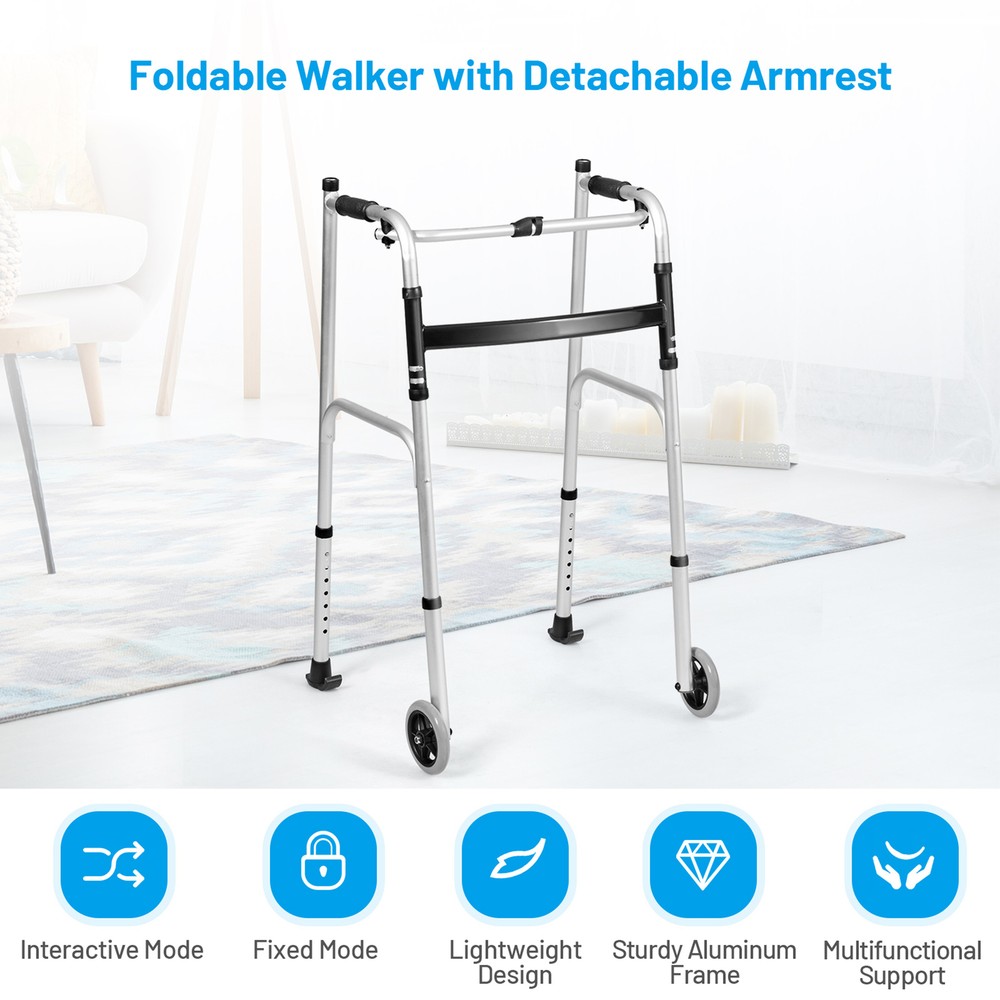 Folding Walker Adjustable Walking Frame Aluminum Walking Aid w/ Wheels Silver