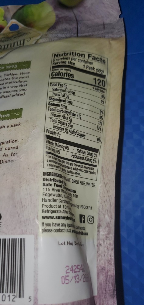 3 PACK SUNNY FRUIT ORGANIC FIGS; 8.8oz. (250g) PER BAG