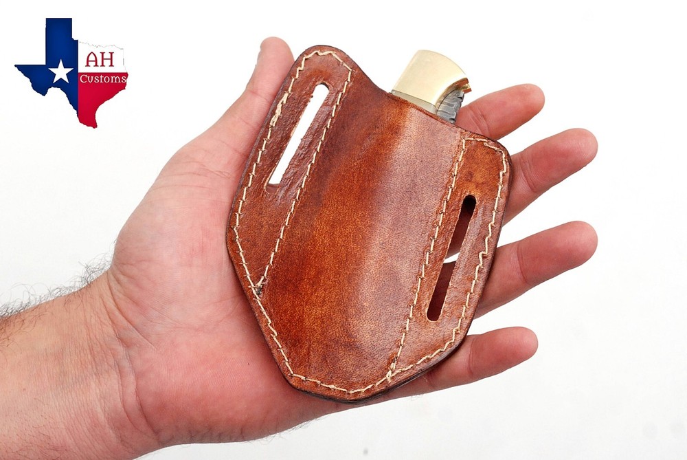 Brown LEATHER ENGRAVED PANCAKE Folding Blade Knife Belt Sheath Folding Tool Case